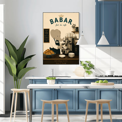 A vintage-style illustration of Babar the Elephant wearing a white shirt, black bowtie, and dark apron, working as a barista. He is operating a classic silver espresso machine in a Parisian café. The scene includes a plate of croissants, stacks of "Café de Flore" cups, and a menu board. The text at the top reads "BABAR fait du café" with a gold crown, and the bottom features "Saint-Germain-des-Prés" and the name "Laurent de Brunhoff."