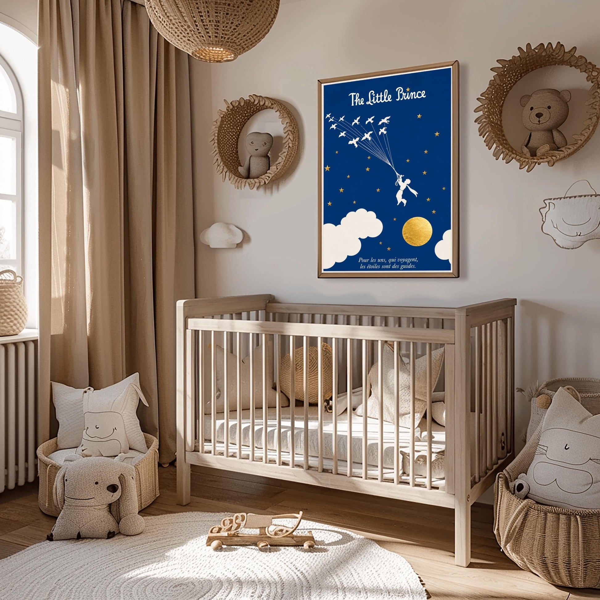 A vertical art print with a deep indigo blue background. A small white silhouette of a boy, the Little Prince, is being pulled upward by a flock of white birds on long strings. The sky is filled with small gold stars and large white clouds at the bottom, next to a textured gold moon. The title "The Little Prince" is at the top in white script, and a French quote is at the bottom in white italics.