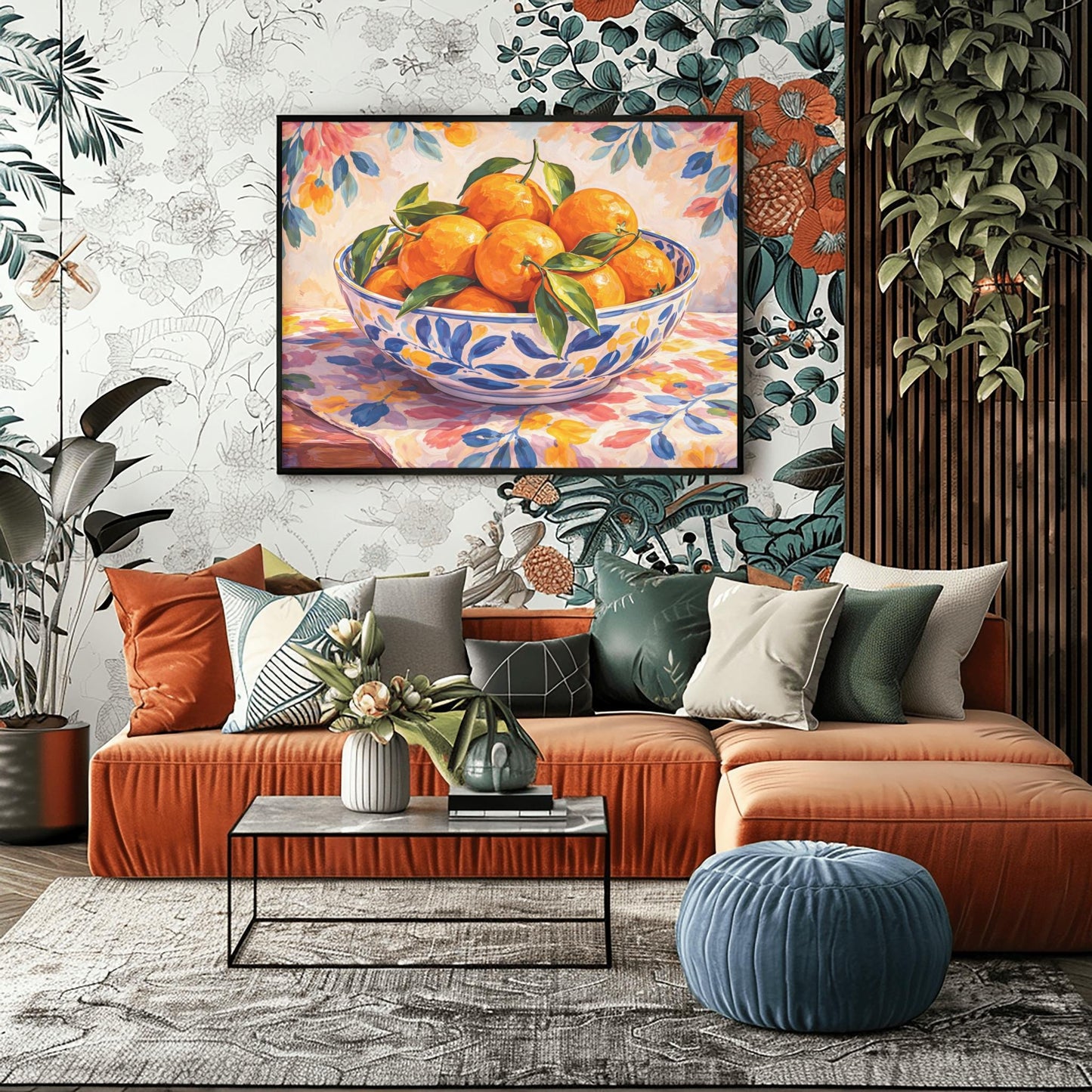A horizontal painterly illustration of a large blue and white patterned ceramic bowl filled with bright oranges and green leaves. The bowl sits on a table covered with a pink and yellow floral cloth, with a matching soft floral pattern in the background.