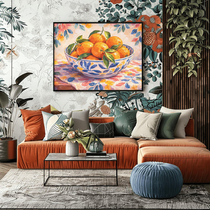 A horizontal painterly illustration of a large blue and white patterned ceramic bowl filled with bright oranges and green leaves. The bowl sits on a table covered with a pink and yellow floral cloth, with a matching soft floral pattern in the background.