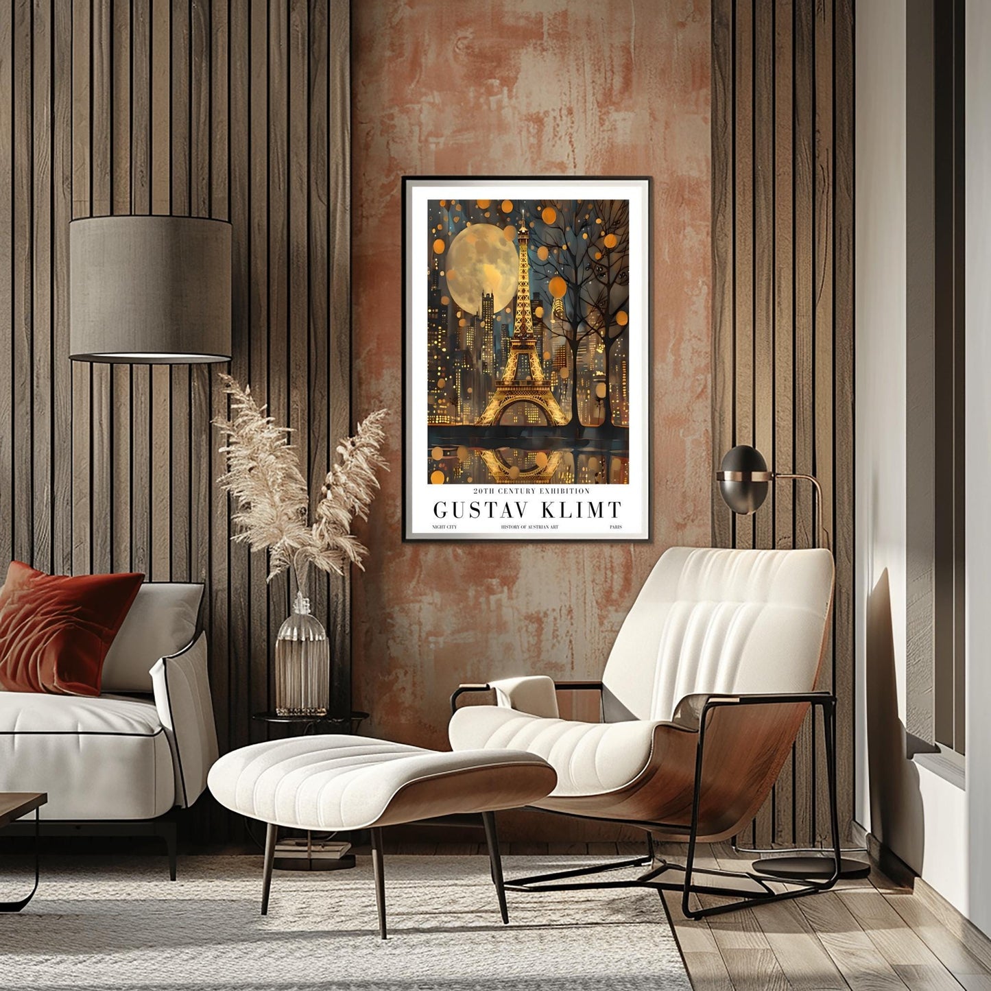 A vertical museum exhibition poster featuring the Eiffel Tower in Paris at night in the style of Gustav Klimt. The tower and city buildings glow in textured gold against a dark blue sky with a large, golden moon. Below the image, bold black text reads "GUSTAV KLIMT" and "20TH CENTURY EXHIBITION" against a white border.