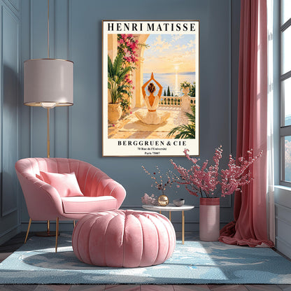 Henri Matisse style poster featuring a woman meditating in a yoga pose on a Mediterranean terrace overlooking the sea at sunset, surrounded by tropical plants, pink flowers, elegant architecture, and warm golden coastal scenery.