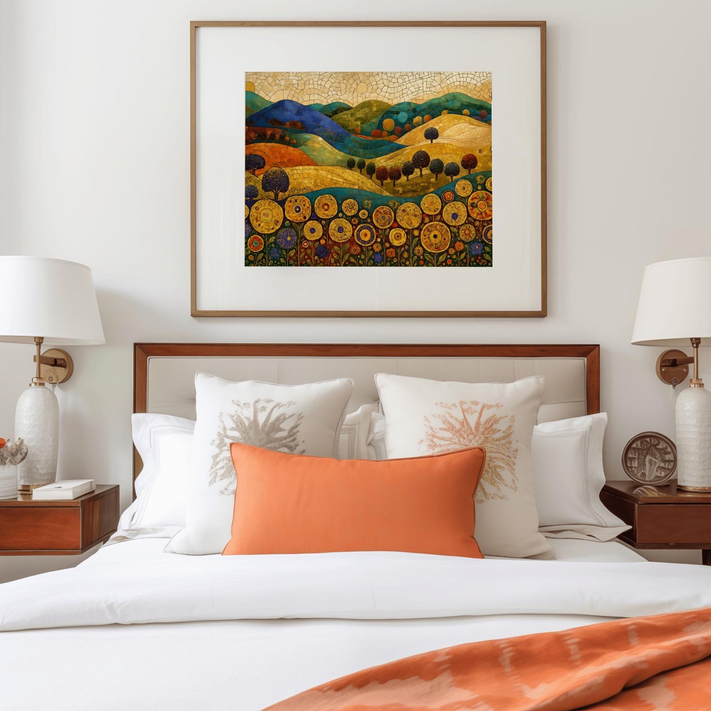 A horizontal fine art painting in the style of Gustav Klimt. Rolling hills in shades of blue, green, and orange are rendered with mosaic tile textures. In the foreground, a row of large, stylized golden sunflowers with intricate geometric centers stands tall. Small, rounded dark trees are scattered across the landscape under a cream-colored mosaic sky.