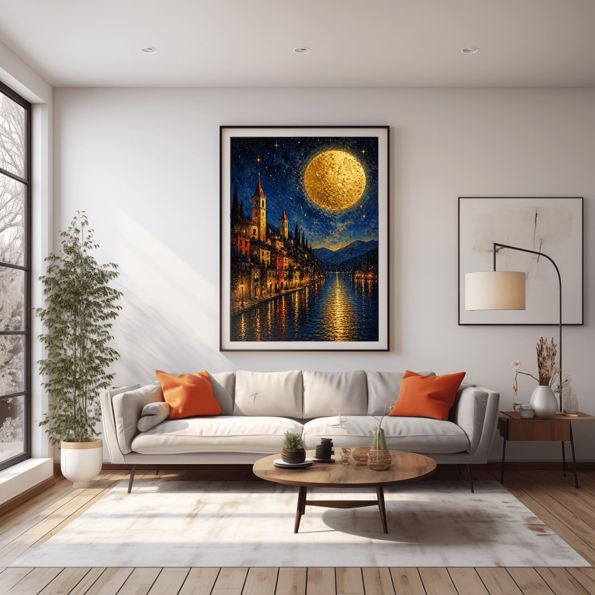 A vertical art print in a decorative mosaic style inspired by Gustav Klimt. A steep lakeside village with warm-lit windows and tall, pointed church spires rises from the edge of dark blue water. A massive, textured golden moon dominates the upper right of a starry night sky. The lights of the town and the moon reflect in long, vertical golden lines on the rippled water surface. Dark blue mountains are visible in the background.