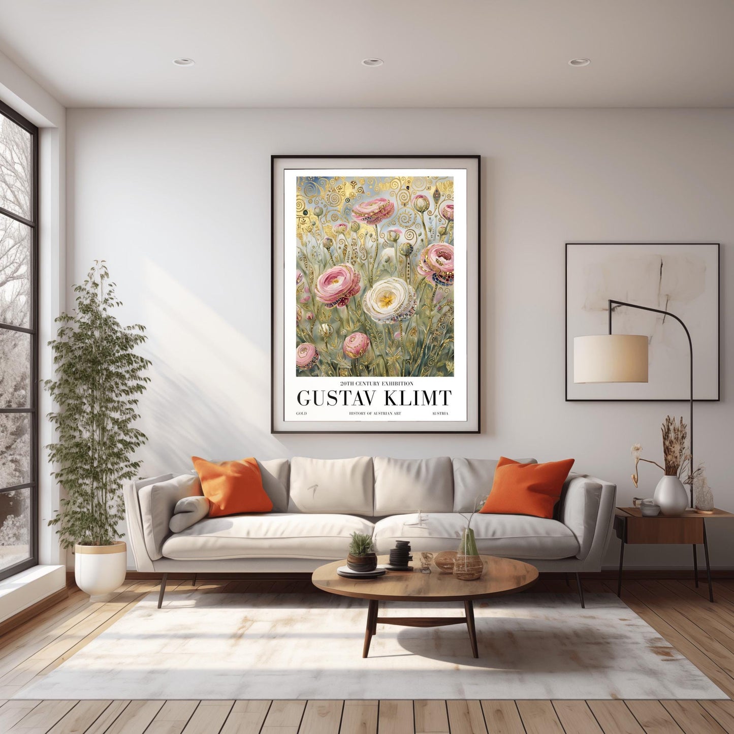A vertical museum exhibition poster in the style of Gustav Klimt. Large pink and white roses with golden edges grow in a field. The background is filled with ornate gold leaf spirals and geometric patterns against a soft light-blue sky. Bold black text at the bottom reads "GUSTAV KLIMT" and "BOTANICAL EXCELLENCE."
