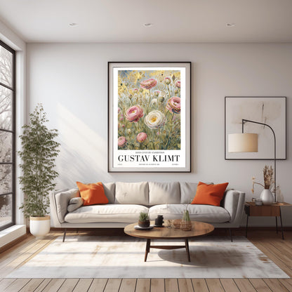 A vertical museum exhibition poster in the style of Gustav Klimt. Large pink and white roses with golden edges grow in a field. The background is filled with ornate gold leaf spirals and geometric patterns against a soft light-blue sky. Bold black text at the bottom reads "GUSTAV KLIMT" and "BOTANICAL EXCELLENCE."