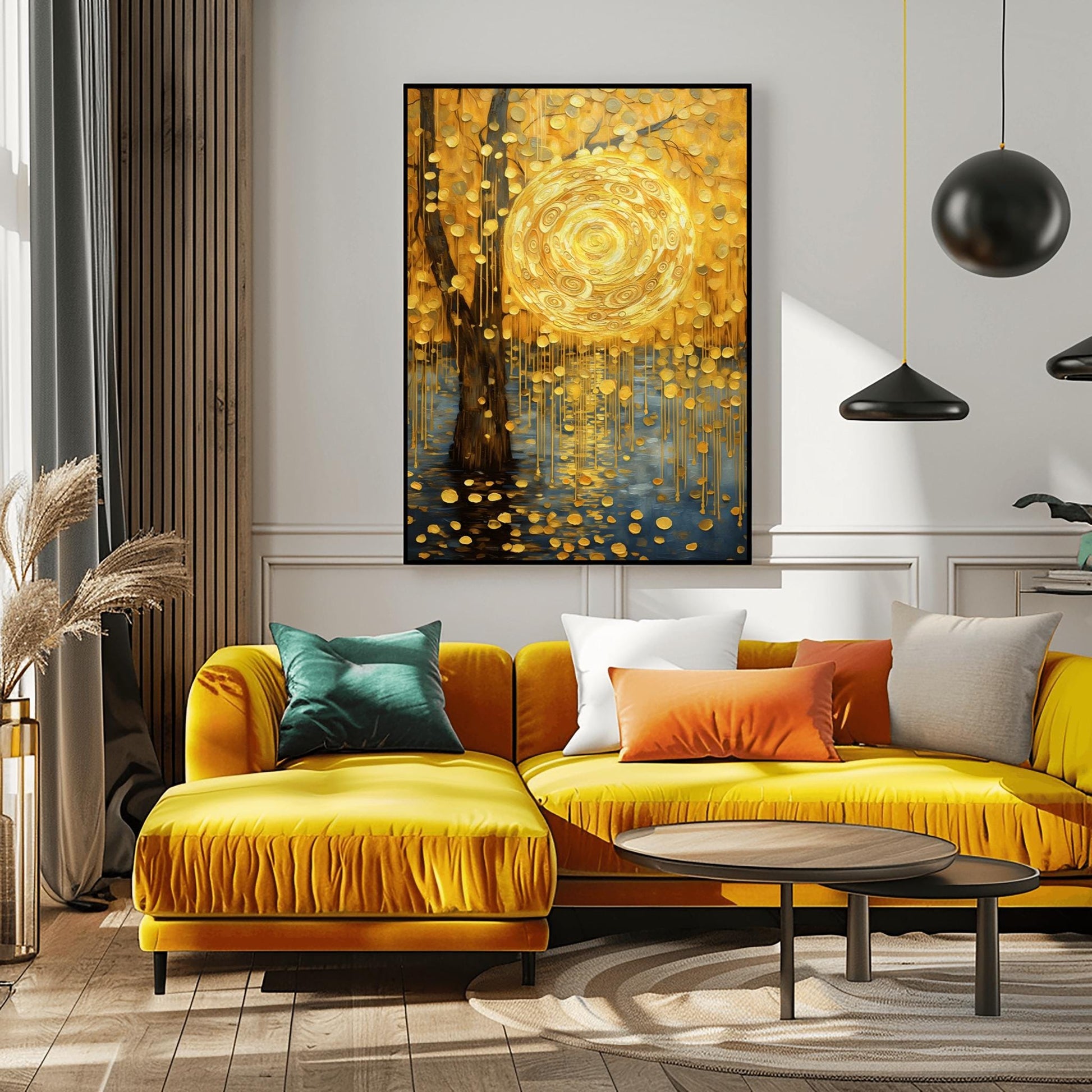 A vertical abstract landscape in the style of Gustav Klimt. A large, swirling golden sun hangs in a warm gold sky next to a dark tree trunk. Cascading golden discs fall from the tree like rain into dark blue water below. The entire scene is filled with intricate spiral textures and shimmering gold leaf effects.