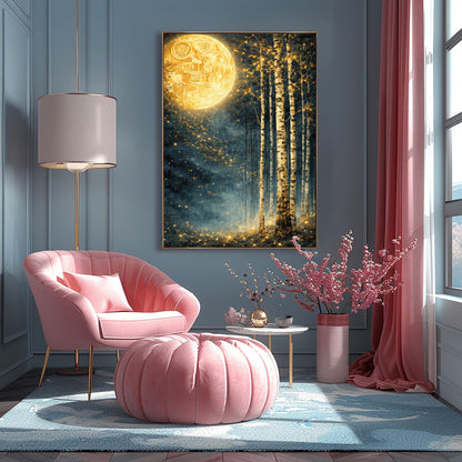 A vertical Art Nouveau illustration in the style of Gustav Klimt. A large, patterned golden moon sits in the upper left corner of a dark, misty teal forest. Slender birch trees stand on the right, while a swirl of golden stardust flows across the center.