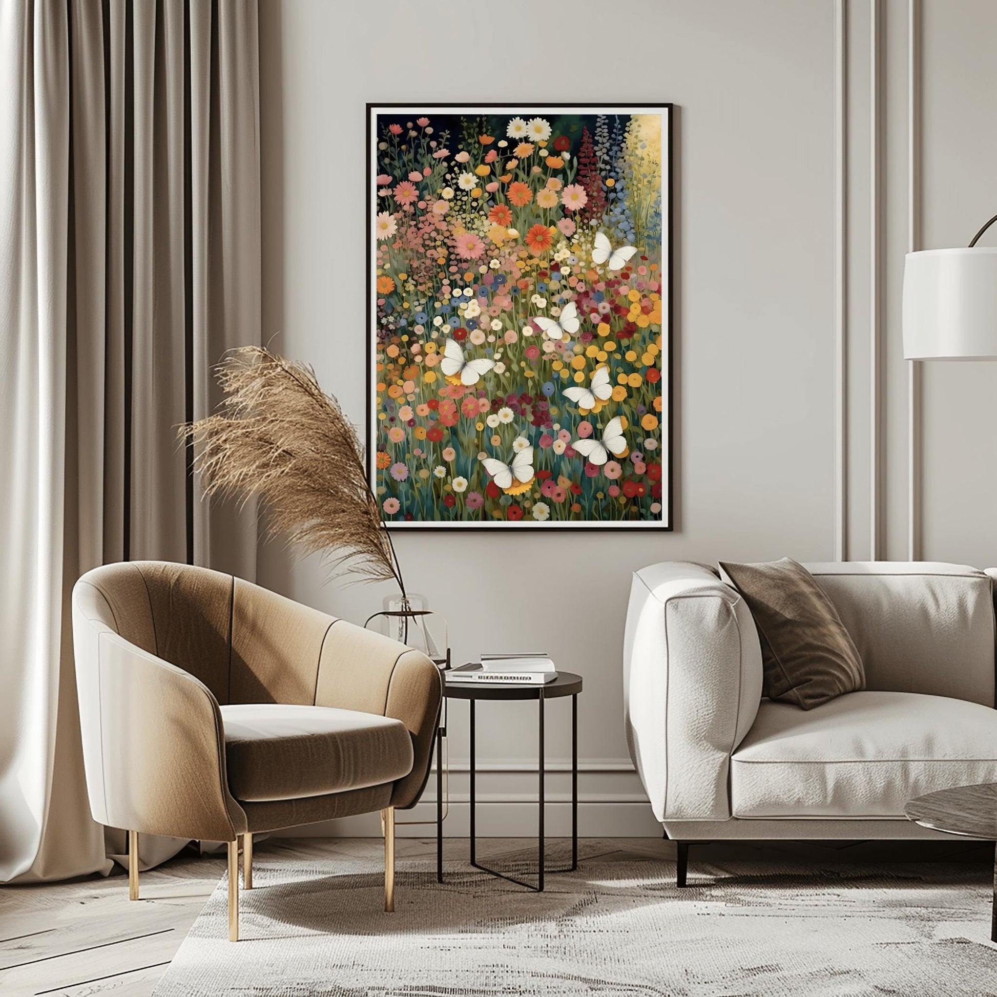 A vertical fine art painting in the style of Gustav Klimt. A dense field of colorful wildflowers in shades of orange, pink, yellow, and red fills the frame. Several large, delicate white butterflies are scattered throughout the meadow, appearing to fly toward a soft golden light in the upper right corner. The style is highly textured with decorative mosaic patterns.