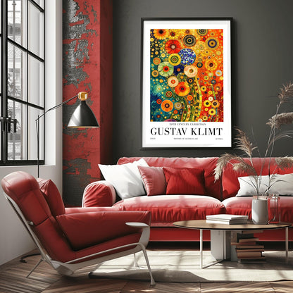 A vertical museum exhibition poster in the style of Gustav Klimt. The central image is a dense, colorful mosaic of stylized flowers in teal, orange, and red. The artwork is surrounded by a white border with bold black text that reads "GUSTAV KLIMT" and "20TH CENTURY EXHIBITION."