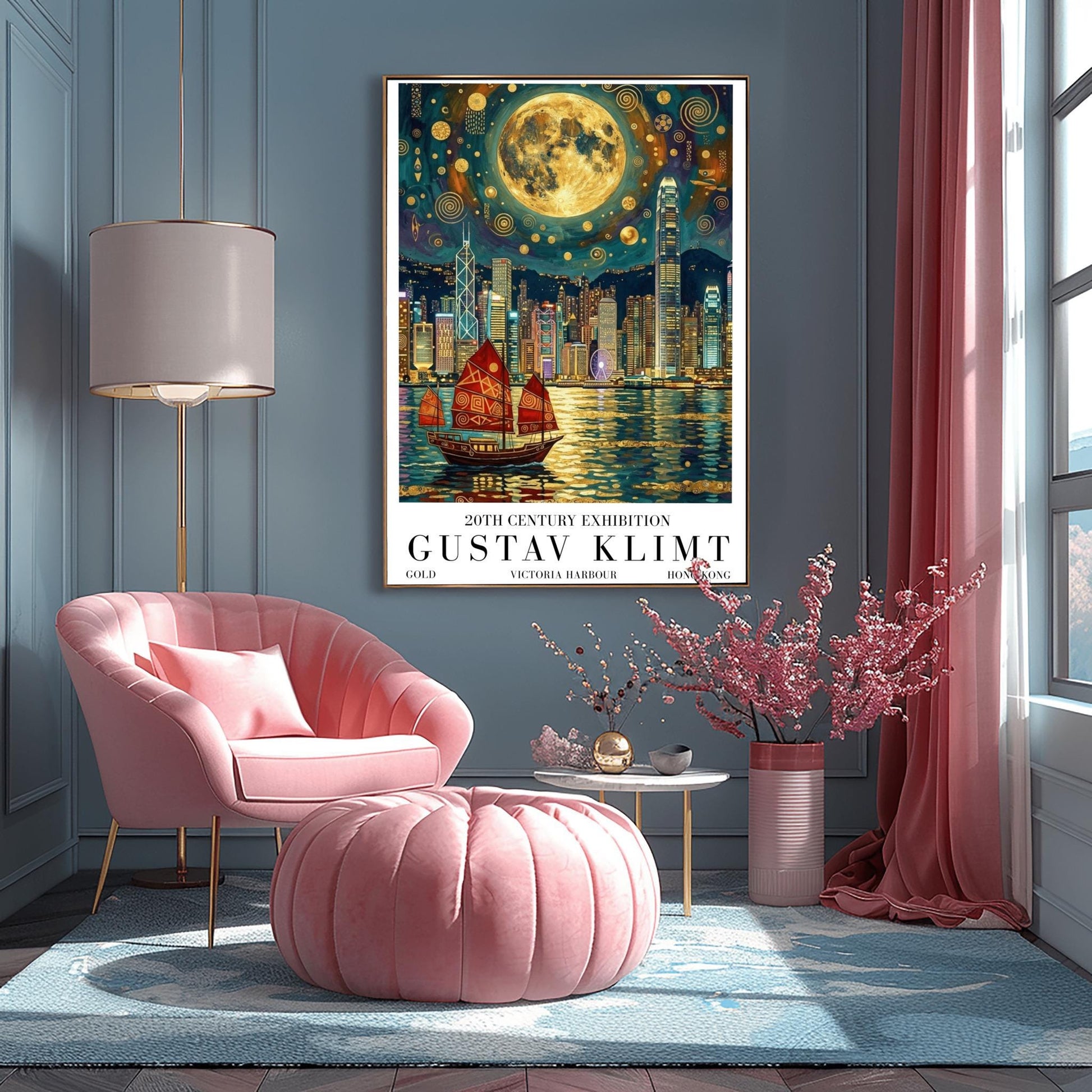 A vertical museum exhibition poster in the style of Gustav Klimt. A traditional red junk boat with golden patterns sails in front of the Hong Kong skyline at night. A massive golden moon with mosaic patterns fills the top of the sky. Bold black text at the bottom reads "GUSTAV KLIMT" and "VICTORIA HARBOUR."