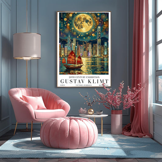 A vertical museum exhibition poster in the style of Gustav Klimt. A traditional red junk boat with golden patterns sails in front of the Hong Kong skyline at night. A massive golden moon with mosaic patterns fills the top of the sky. Bold black text at the bottom reads "GUSTAV KLIMT" and "VICTORIA HARBOUR."