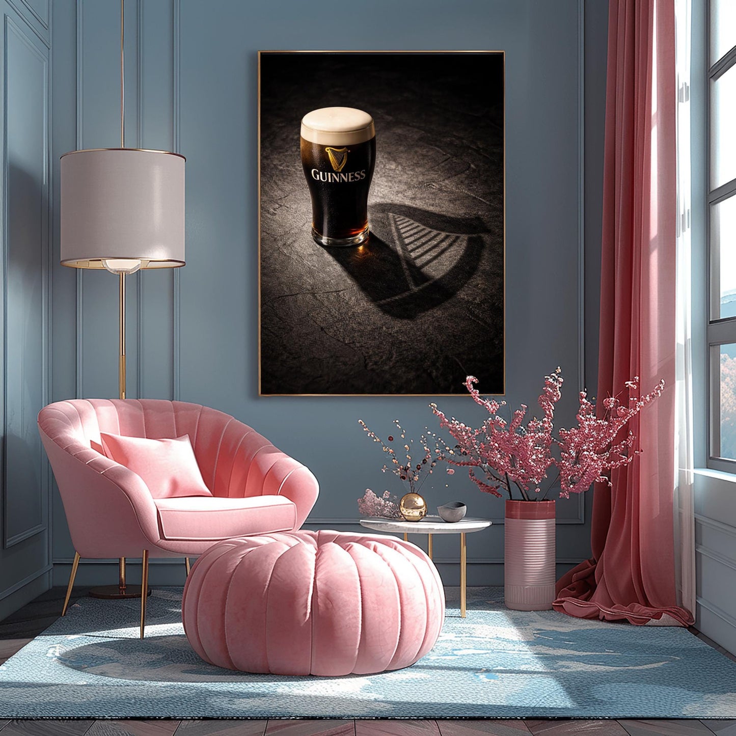 A vertical hyper-realistic photograph of a pint of Guinness on a dark stone surface. A bright light from the side casts a long shadow of the glass that clearly forms the shape of a Celtic harp. The stone is textured and dark, with the glass as the bright focal point.