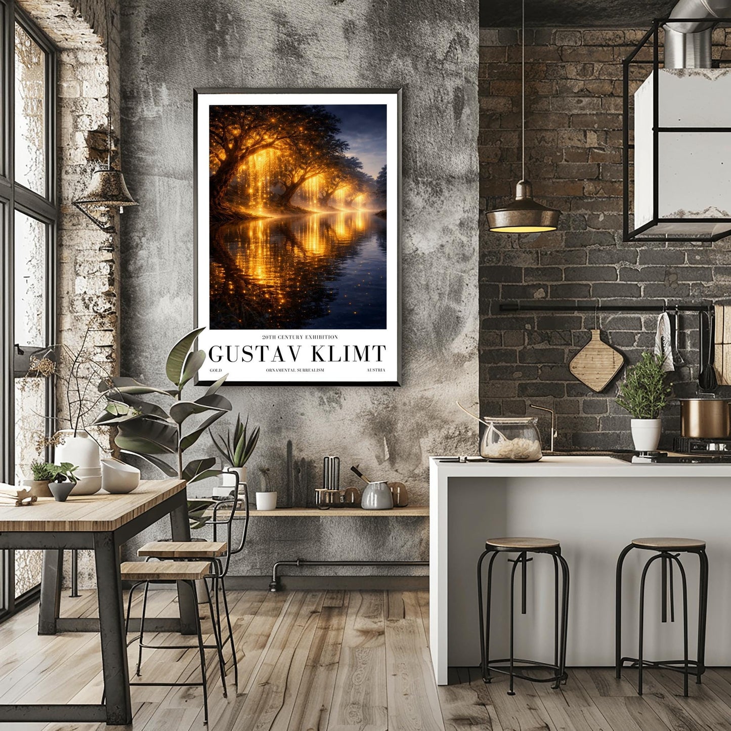 A vertical full-bleed landscape illustration in the style of Gustav Klimt. A row of weeping willow trees with branches made of liquid gold and sparkling embers lines a dark, tranquil river. The golden light reflects brilliantly on the water's surface under a dark twilight sky.