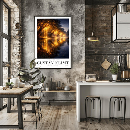 A vertical full-bleed landscape illustration in the style of Gustav Klimt. A row of weeping willow trees with branches made of liquid gold and sparkling embers lines a dark, tranquil river. The golden light reflects brilliantly on the water's surface under a dark twilight sky.