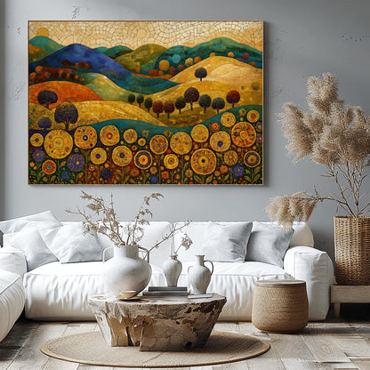A horizontal fine art painting in the style of Gustav Klimt. Rolling hills in shades of blue, green, and orange are rendered with mosaic tile textures. In the foreground, a row of large, stylized golden sunflowers with intricate geometric centers stands tall. Small, rounded dark trees are scattered across the landscape under a cream-colored mosaic sky.