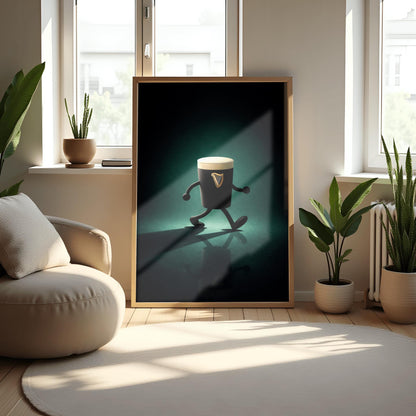 A vertical cinematic illustration of a 3D Guinness pint character with cartoon arms and legs. It is walking across a dark, reflective floor under a moody emerald-green spotlight. The pint features a crisp white foam head and a golden harp logo.