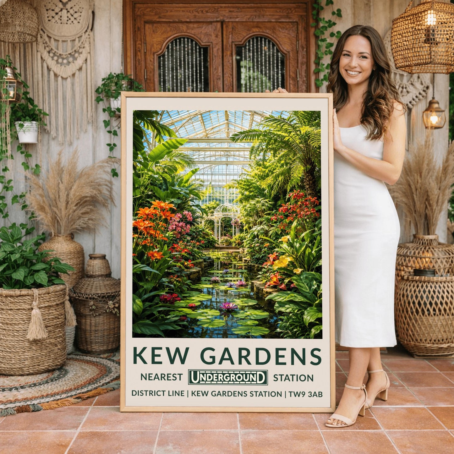 A vertical retro London Underground travel poster for Kew Gardens on a wide cream border. The top image shows a beautiful, detailed illustration of the inside of a large white Victorian glass conservatory. Sunlight shines through the glass roof onto a central water lily pond filled with blooming pink and purple flowers and lily pads. The water is surrounded by lush green palm trees, ferns, orange lilies, and a white metal gazebo in the background.