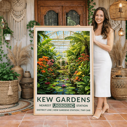 A vertical retro London Underground travel poster for Kew Gardens on a wide cream border. The top image shows a beautiful, detailed illustration of the inside of a large white Victorian glass conservatory. Sunlight shines through the glass roof onto a central water lily pond filled with blooming pink and purple flowers and lily pads. The water is surrounded by lush green palm trees, ferns, orange lilies, and a white metal gazebo in the background.