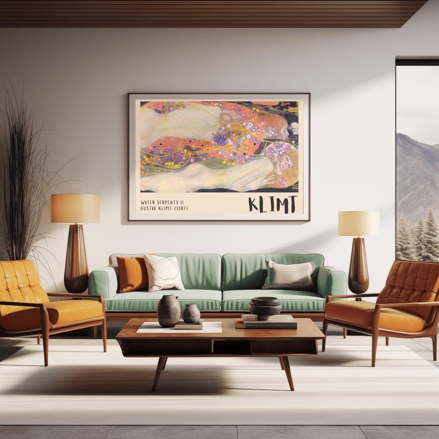 A horizontal museum exhibition poster featuring Gustav Klimt's 1907 painting "Water Serpents II." Reclining female figures are surrounded by a sea of golden spirals, blue and purple flowers, and ornate patterns. The bottom border is cream with bold black text reading "WATER SERPENTS II" and "KLIMT."