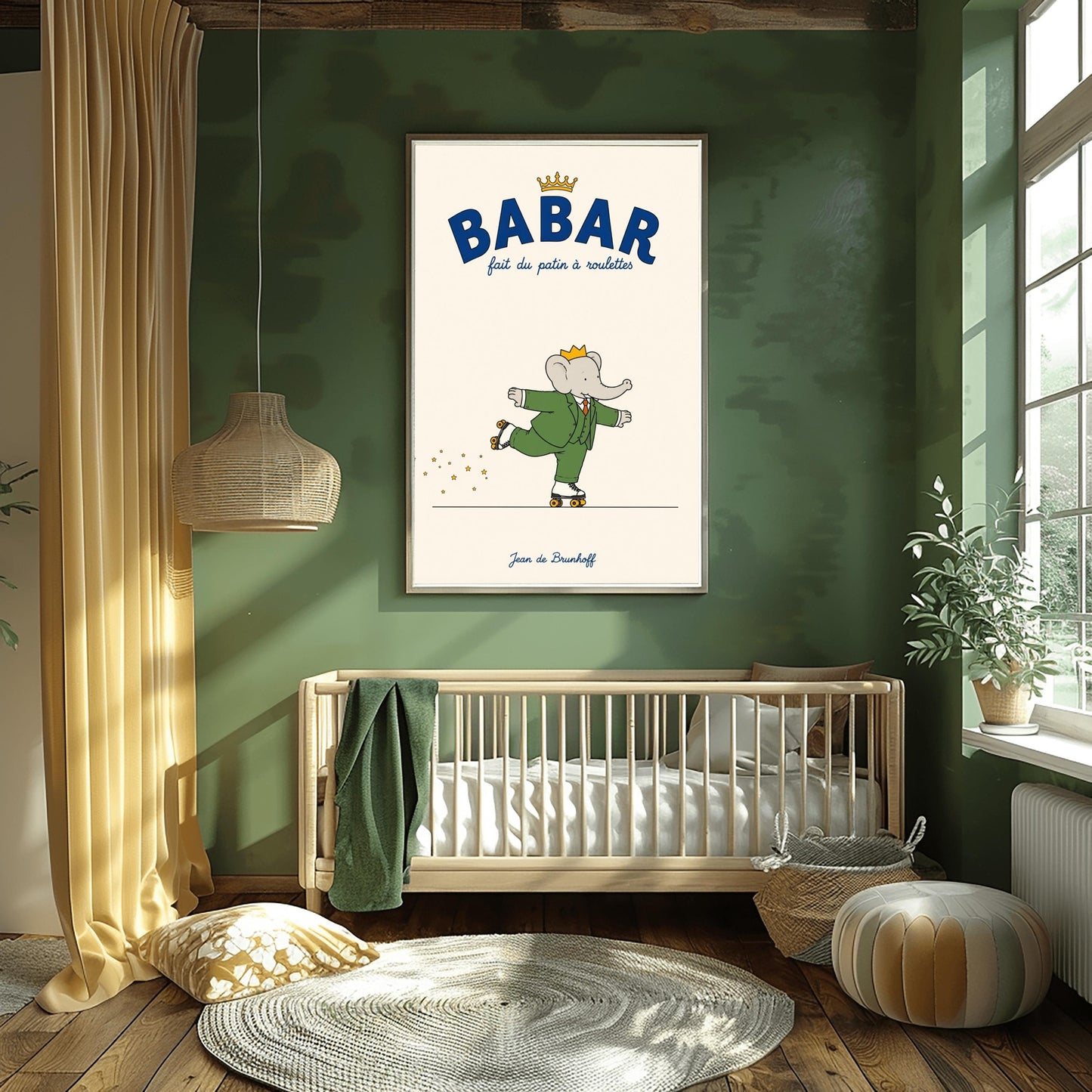 A vertical retro fine art exhibition poster titled "BABAR fait du patin à roulettes" on a wide cream border. The top "BABAR" text is printed in a bold navy blue font with a small gold crown sitting on top. The illustration shows an elephant wearing a crown and green suit balancing on one foot while wearing white roller skates with orange wheels. A trail of tiny yellow stars follows his back skate. The name "Jean de Brunhoff" anchors the bottom in blue script.