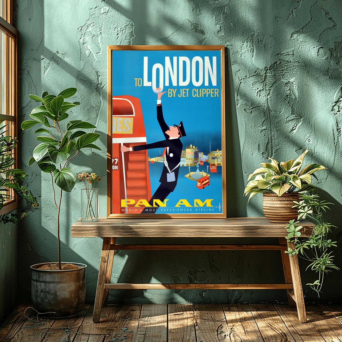 A vertical vintage travel poster with a blue background. At the top, the words "TO LONDON BY JET CLIPPER" are written in white and yellow font. A graphic illustration shows a bus conductor in a black uniform swinging off a large red double-decker bus on the left, reaching his arm up to hold the letter O in "LONDON". The lower background features stylized yellow and blue buildings of Piccadilly Circus with small red buses. The bottom features yellow "PAN AM" branding.
