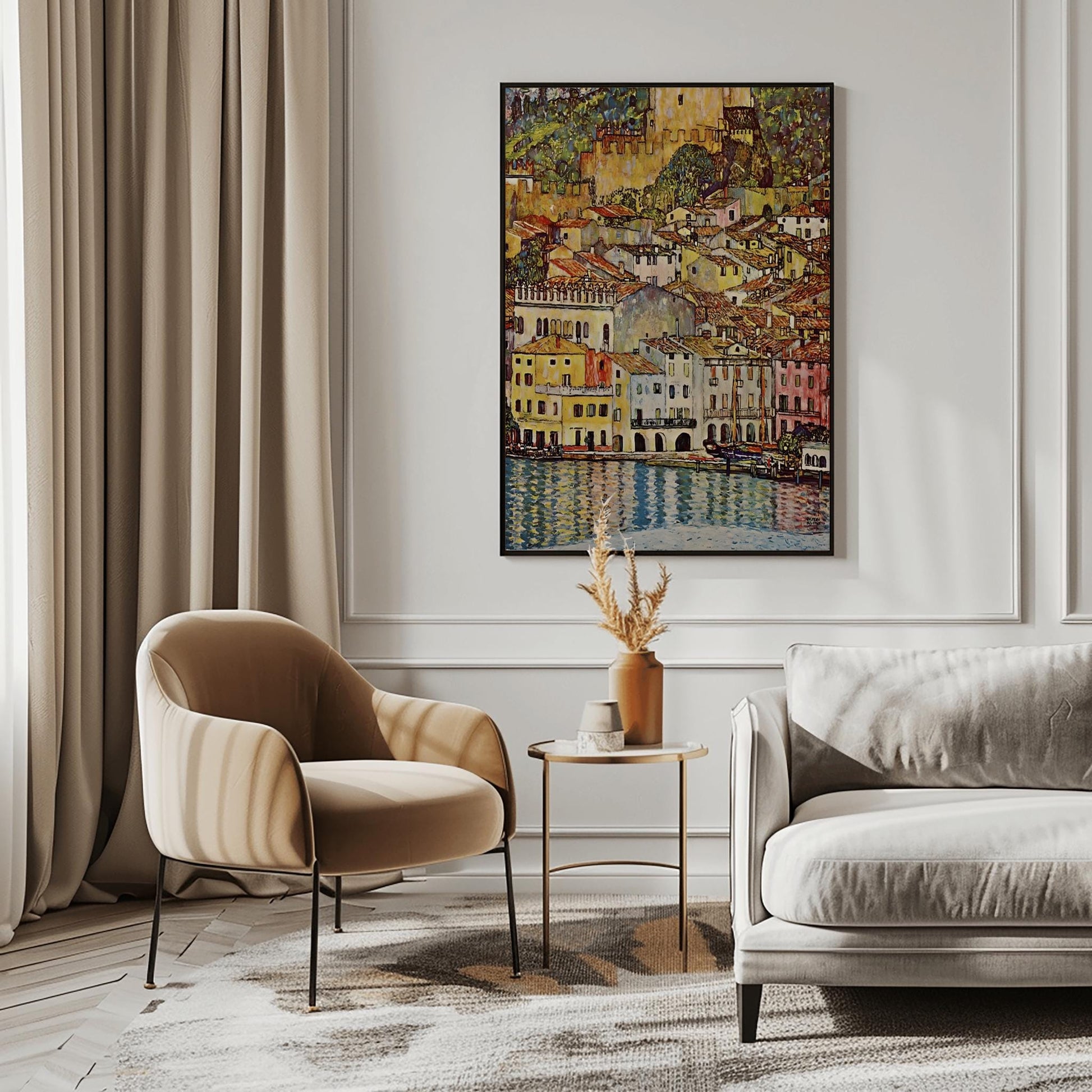A vertical fine art reproduction of Gustav Klimt's "Malcesine on Lake Garda." The painting depicts a dense Italian village of colorful houses with red-tiled roofs nestled along a lake. A medieval castle stands on a hill above the town. The water in the foreground features vibrant blue and gold reflections. The style is a decorative, mosaic-like landscape typical of Klimt's later works.