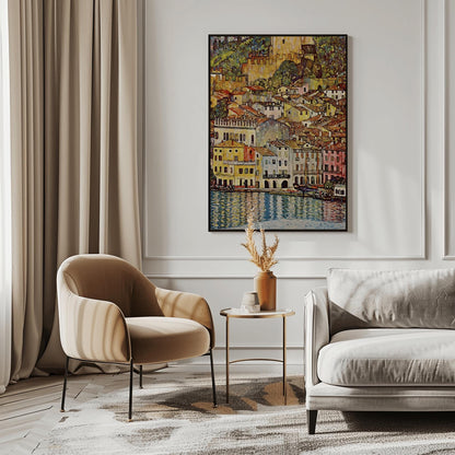 A vertical fine art reproduction of Gustav Klimt's "Malcesine on Lake Garda." The painting depicts a dense Italian village of colorful houses with red-tiled roofs nestled along a lake. A medieval castle stands on a hill above the town. The water in the foreground features vibrant blue and gold reflections. The style is a decorative, mosaic-like landscape typical of Klimt's later works.