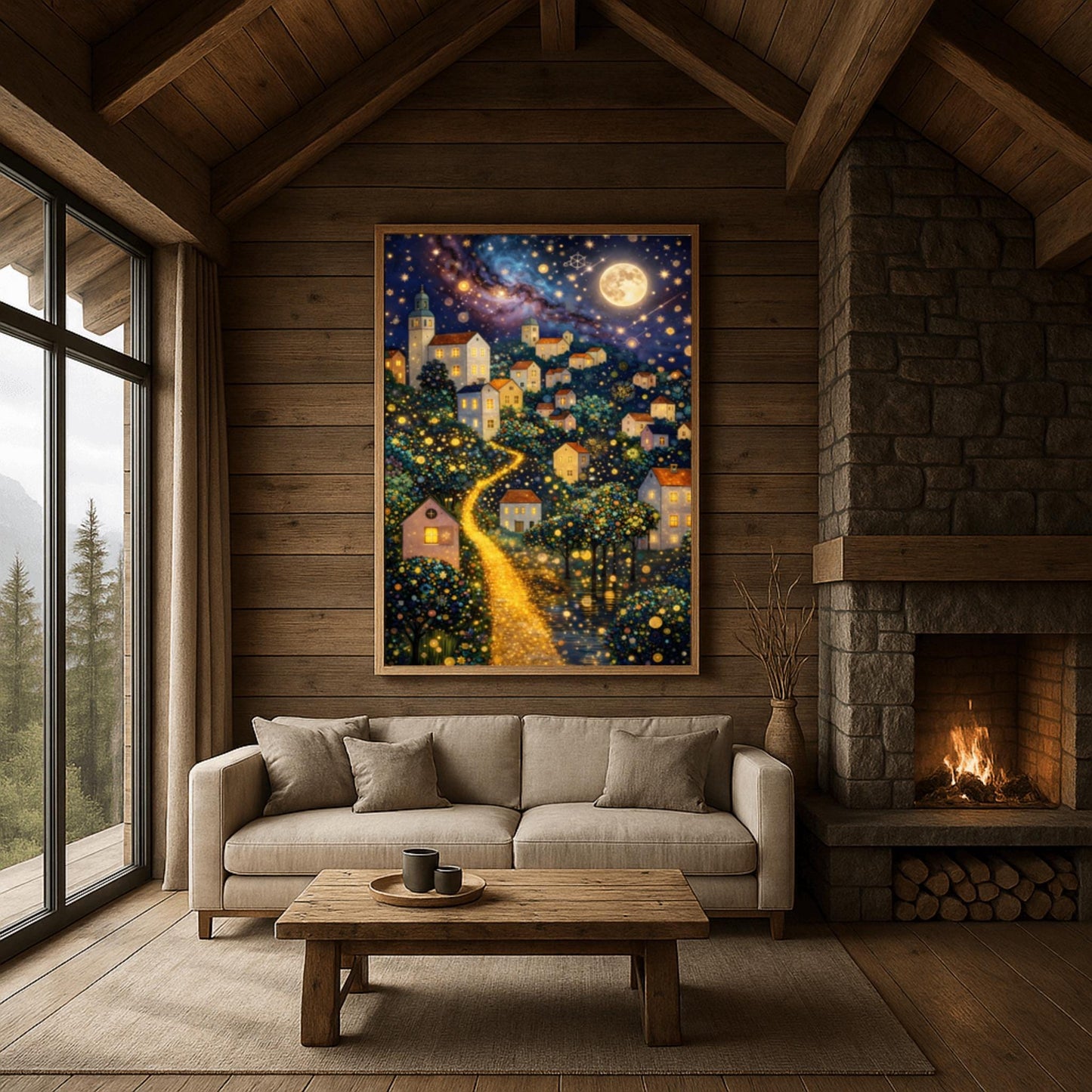 A vertical fine art painting in the style of Gustav Klimt. A hillside village with white houses and orange roofs is illuminated by a large, textured golden moon and a swirling starlit sky. A bright, glowing golden path winds through the village houses and mosaic-patterned trees. At the bottom, a dark sea reflects the shimmering lights. The style is highly decorative with gold leaf textures.
