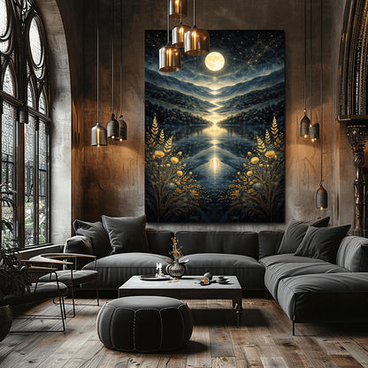 A vertical Art Nouveau illustration in the style of Gustav Klimt. A golden full moon and swirling stardust fill a dark blue sky above a symmetrical mountain valley. A river of light flows into a lake in the center, framed by golden wheat and flowers in the foreground.