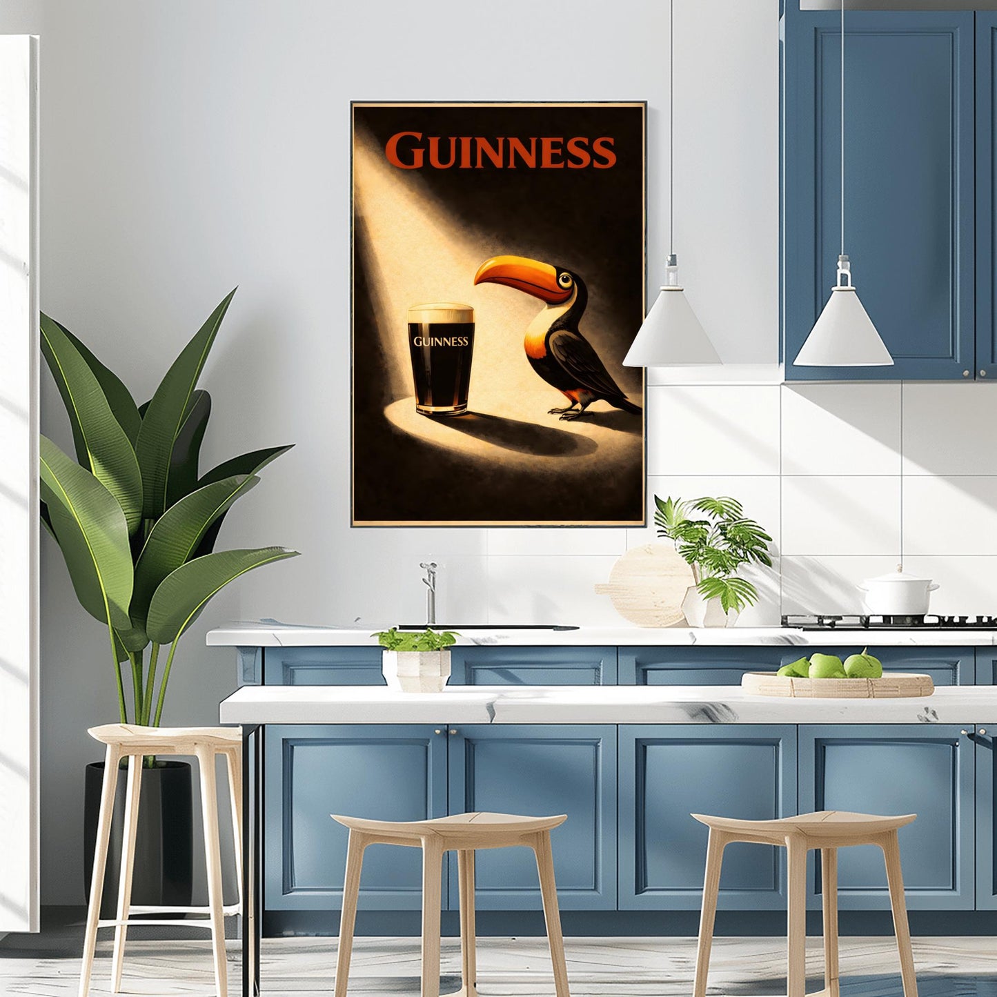 A vertical vintage-style poster. A bright spotlight shines down on a pint of Guinness with a creamy head. A colorful toucan stands in the light next to the glass, looking at it. The background is dark and moody with "GUINNESS" written in red at the top.
