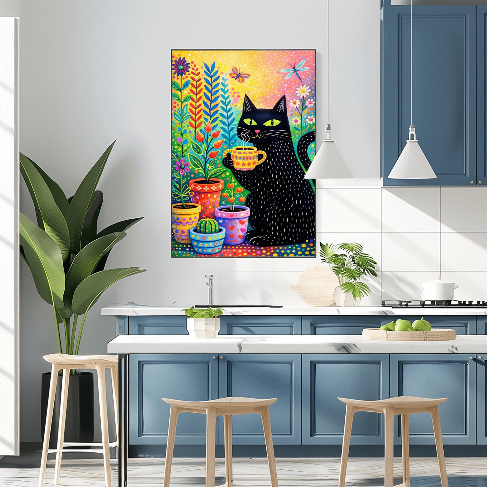 A vertical, colorful folk-art illustration of a black cat with green eyes holding a steaming yellow patterned mug. The cat has small white dashed lines for fur and is sitting next to several decorated flower pots containing a cactus and various colorful plants. A butterfly and a dragonfly fly in the upper portion of the image. The background is a bright, speckled gradient of yellow, pink, and orange.