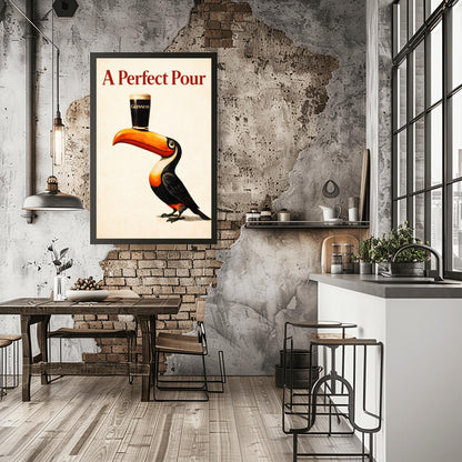 A vertical minimalist vintage-style poster. A colorful toucan with a bright orange beak balances a single pint of dark Guinness beer on its bill. The background is a clean, textured cream color. Bold red text at the top reads "A Perfect Pour."