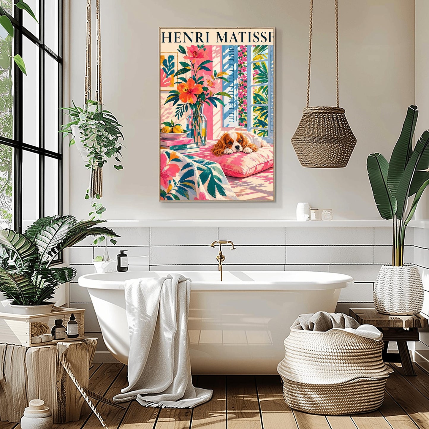 A vertical minimalist fine art exhibition poster in the style of Henri Matisse, featuring a large white border layout. In the center, a simple black line drawing outlines the head and long floppy ears of a Cavalier King Charles Spaniel dog. The illustration is accented by vibrant abstract cut-out shapes, including a solid blue organic leaf on the left, a large terracotta red shape on the right, and a bright yellow gold block at the base against a clean white background.