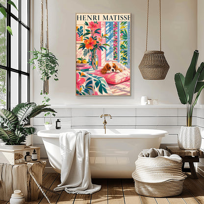 A vertical minimalist fine art exhibition poster in the style of Henri Matisse, featuring a large white border layout. In the center, a simple black line drawing outlines the head and long floppy ears of a Cavalier King Charles Spaniel dog. The illustration is accented by vibrant abstract cut-out shapes, including a solid blue organic leaf on the left, a large terracotta red shape on the right, and a bright yellow gold block at the base against a clean white background.