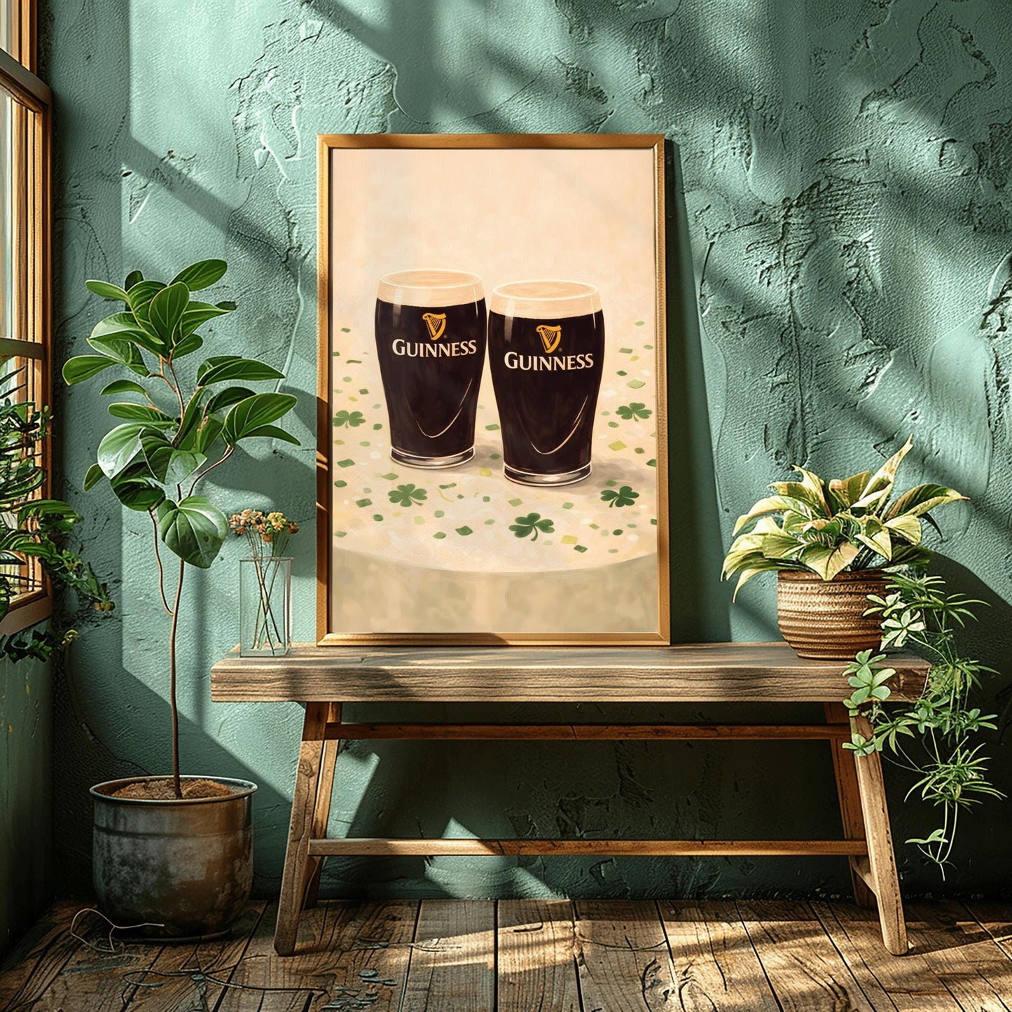A vertical illustration of two pints of Guinness stout sitting side-by-side on a light cream surface. Green shamrocks and confetti are scattered around the base of the glasses. The pints feature the golden harp logo. The overall style is painterly and warm.