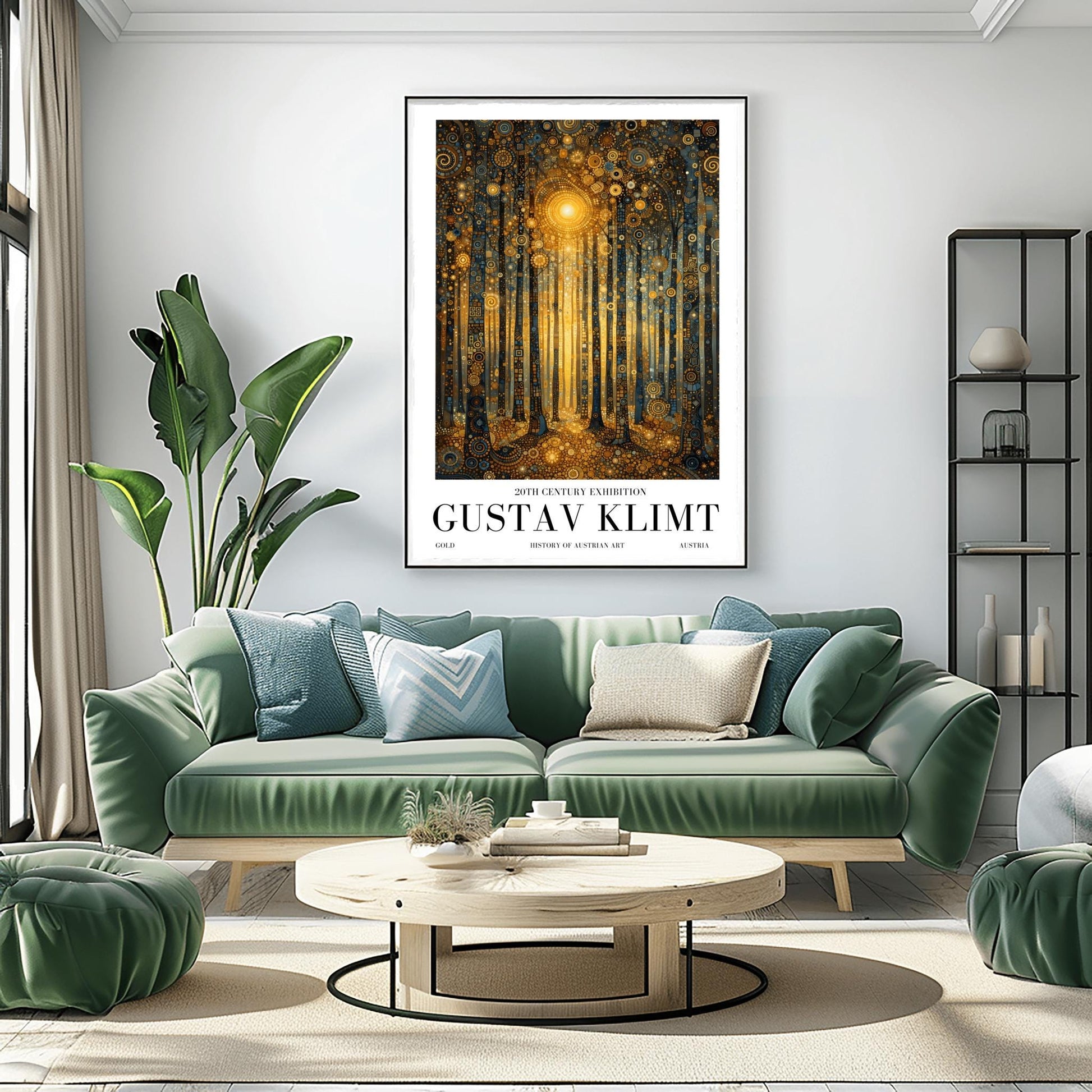 A vertical museum exhibition poster in the style of Gustav Klimt. A forest of slender trees is rendered in complex gold and dark blue mosaic patterns. A bright golden sun glows in the center, and the ground is covered in golden circular patterns. Bold black text at the bottom reads "GUSTAV KLIMT" and "20TH CENTURY EXHIBITION."