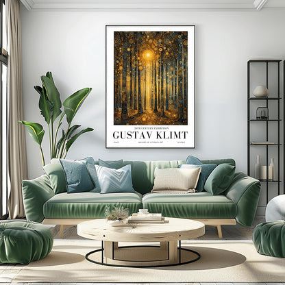 A vertical museum exhibition poster in the style of Gustav Klimt. A forest of slender trees is rendered in complex gold and dark blue mosaic patterns. A bright golden sun glows in the center, and the ground is covered in golden circular patterns. Bold black text at the bottom reads "GUSTAV KLIMT" and "20TH CENTURY EXHIBITION."