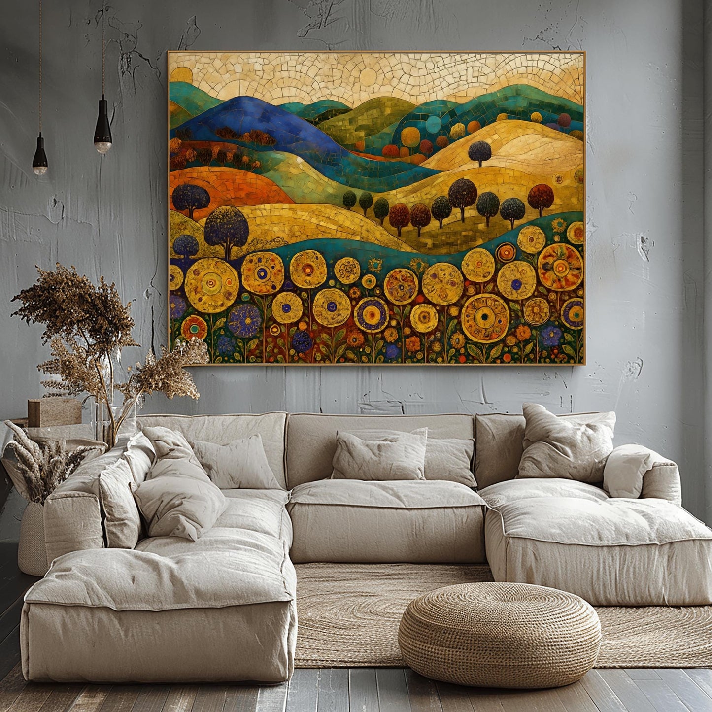 A horizontal fine art painting in the style of Gustav Klimt. Rolling hills in shades of blue, green, and orange are rendered with mosaic tile textures. In the foreground, a row of large, stylized golden sunflowers with intricate geometric centers stands tall. Small, rounded dark trees are scattered across the landscape under a cream-colored mosaic sky.