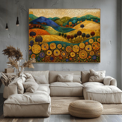 A horizontal fine art painting in the style of Gustav Klimt. Rolling hills in shades of blue, green, and orange are rendered with mosaic tile textures. In the foreground, a row of large, stylized golden sunflowers with intricate geometric centers stands tall. Small, rounded dark trees are scattered across the landscape under a cream-colored mosaic sky.