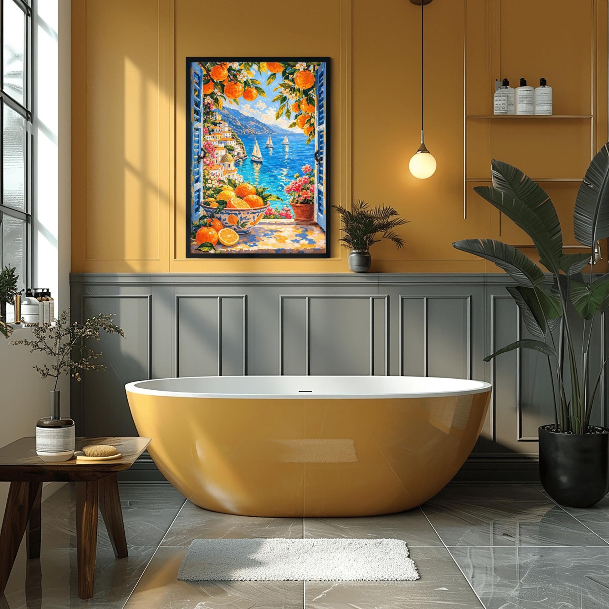 A vertical painterly illustration looking through open blue shutters at a coastal town with a yellow-domed cathedral and a blue sea with sailboats. In the foreground, a ceramic bowl holds oranges and lemons on a stone windowsill next to a pot of pink flowers.