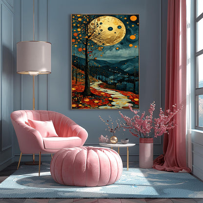 A vertical fine art painting in the style of Gustav Klimt. A massive, textured golden moon hangs in a dark, starlit sky above rolling teal mountains. A white, winding stone path leads through a foreground of orange and red autumn leaves. On the left, a slender tree is decorated with golden mosaic orbs. The overall style is rich in texture and golden ornamentation.