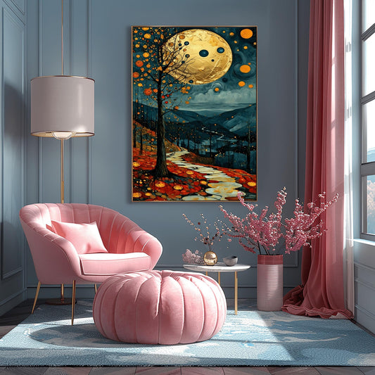 A vertical fine art painting in the style of Gustav Klimt. A massive, textured golden moon hangs in a dark, starlit sky above rolling teal mountains. A white, winding stone path leads through a foreground of orange and red autumn leaves. On the left, a slender tree is decorated with golden mosaic orbs. The overall style is rich in texture and golden ornamentation.