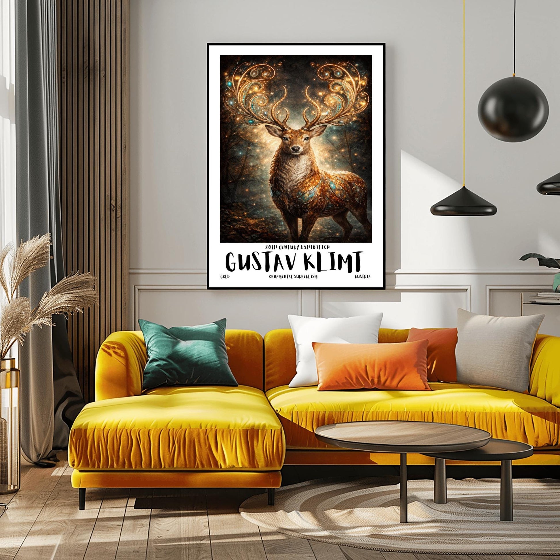 A vertical full-bleed illustration of a stag in the style of Gustav Klimt. The stag has massive, swirling golden antlers decorated with glowing gems. Its body is a mosaic of gold and turquoise. It stands in a misty, dark forest filled with golden sparks and floating embers.
