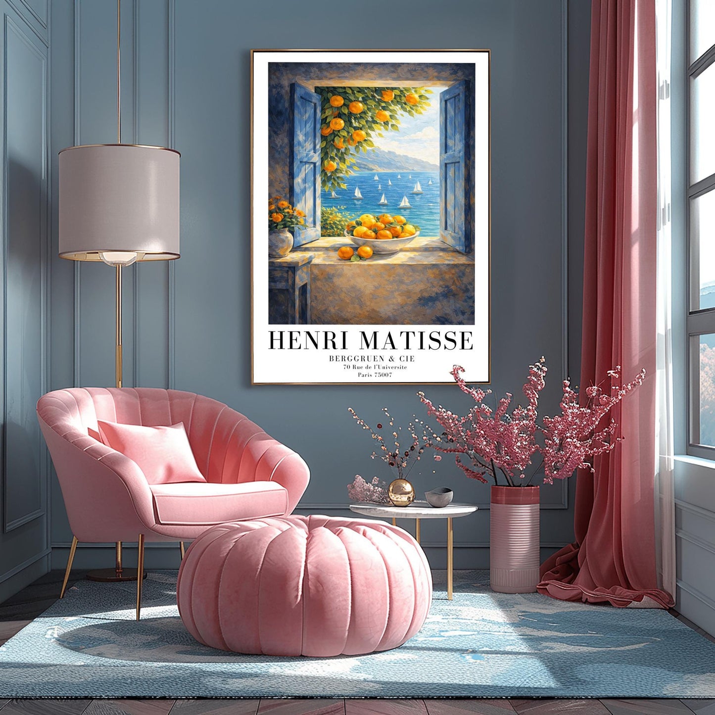 A vertical painterly illustration of an open window with blue shutters looking out at a sea with many sailboats. On the windowsill sits a large bowl overflowing with oranges. A branch with oranges hangs from the top, and a vase of yellow flowers is on a table to the left.