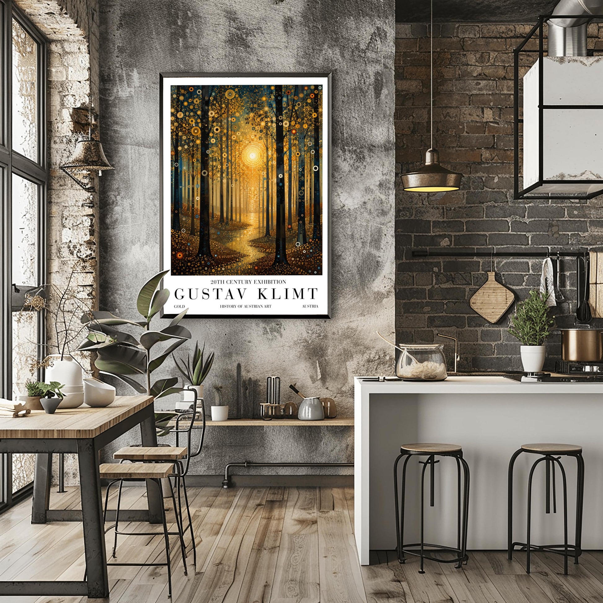 A vertical museum-style exhibition poster with a clean white border. The central illustration depicts a dense forest at sunset or sunrise in the decorative style of Gustav Klimt. A large, bright golden sun made of mosaic rings radiates in the center, casting a glowing path of liquid gold along a winding trail. Tall, dark tree trunks frame the composition, and the leaves and ground are covered in intricate golden spirals, target symbols, and circular patterns with small teal accents.