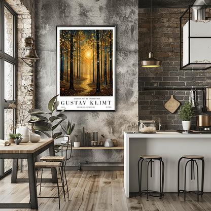A vertical museum-style exhibition poster with a clean white border. The central illustration depicts a dense forest at sunset or sunrise in the decorative style of Gustav Klimt. A large, bright golden sun made of mosaic rings radiates in the center, casting a glowing path of liquid gold along a winding trail. Tall, dark tree trunks frame the composition, and the leaves and ground are covered in intricate golden spirals, target symbols, and circular patterns with small teal accents.