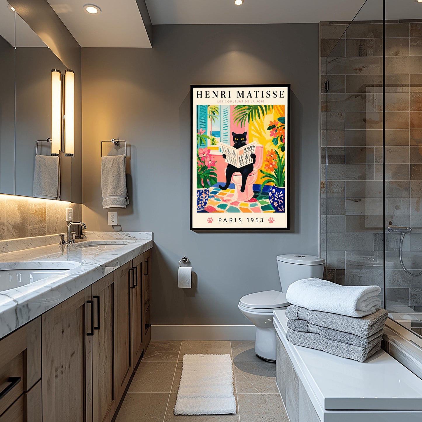 A vertical gallery poster on a cream background titled "HENRI MATISSE - LES COULEURS DE LA JOIE" in black and pink font. The central image shows a sleek black cat with bright yellow eyes sitting on a pastel pink toilet, reading a French newspaper titled "LE JOURNAL". The bathroom features an open window with blue shutters looking out at a beach, ocean, and palm trees. The room is decorated with lush green plants, potted orange flowers, and a colorful mosaic stone floor.