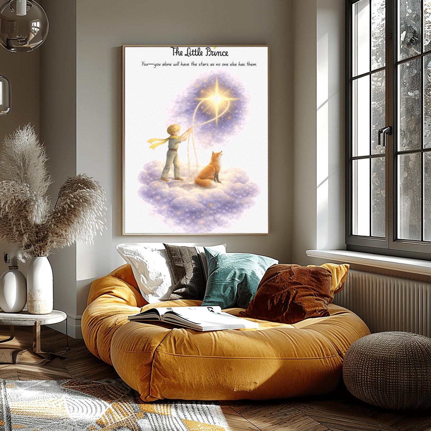 A vertical illustration poster titled "The Little Prince" in black script. A young boy with golden hair is standing on a soft, glowing lavender cloud next to a seated orange fox. The boy is holding a white rope that is looped around a large, bright yellow star. The star is surrounded by a sparkling purple nebula. Above the boy is the quote: "You—you alone will have the stars as no one else has them." The background is clean white.
