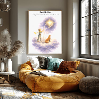 A vertical illustration poster titled "The Little Prince" in black script. A young boy with golden hair is standing on a soft, glowing lavender cloud next to a seated orange fox. The boy is holding a white rope that is looped around a large, bright yellow star. The star is surrounded by a sparkling purple nebula. Above the boy is the quote: "You—you alone will have the stars as no one else has them." The background is clean white.